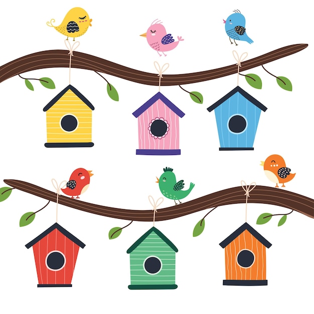 Birdhouse tree with cute birds illustration