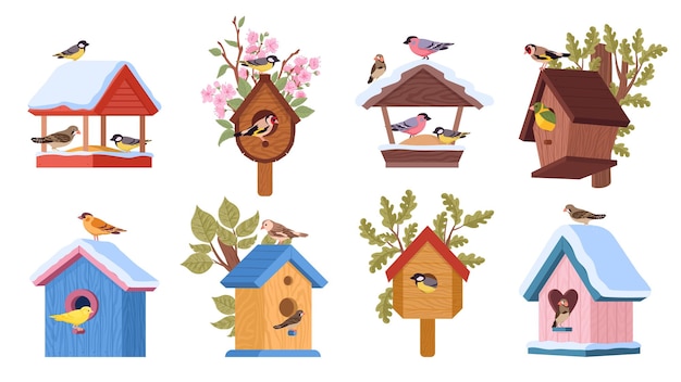 Birds in bird feeders Hanging wooden birdhouses birds feeding in birds nests on trees flat vector illustration set Bird caring feeders