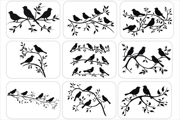 Vector birds on branches silhouette bundle flock of birds silhouette