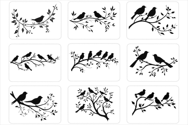 Vector birds on branches silhouette bundle flock of birds silhouette