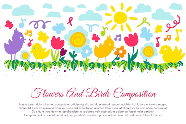 Birds and flowers flat banner with copyspace