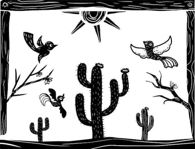 Birds flying over cacti woodcutstyle illustration