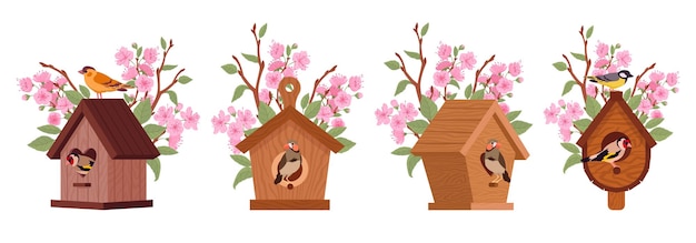 Vector birds houses on blooming tree wooden bird nest cute handcrafted birdhouse on tree branch flat vector illustration set cartoon bird home feeders collection