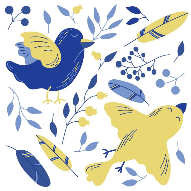 Vector birds leaves and feathers in blue and yellow colors flying doves and different branches