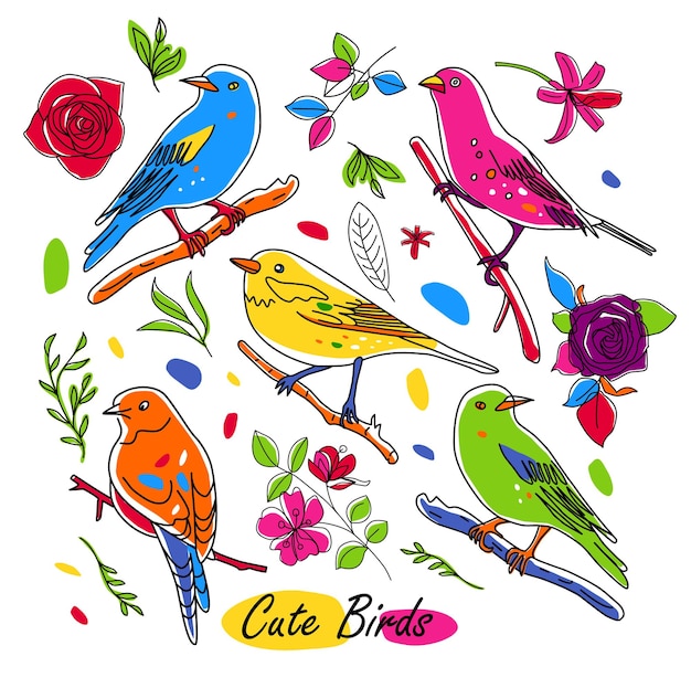 Birds nature bright animals illustration collection of cute hand drawn bird doodles line style in mi