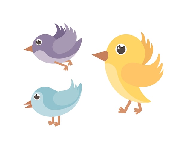 Birds A set of birds of blue yellow and purple colors Cute birds in cartoon style Vector illustration on a white background