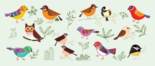 Vector birds set icon with leaves on background hand drawn vector illustration