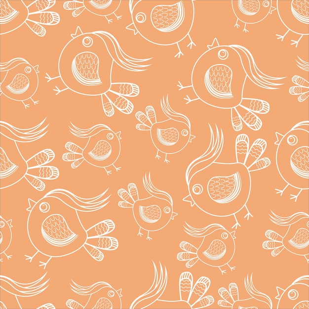 Birds vector pattern Cute cartoon birds with white outline poster decor for textiles Folk art