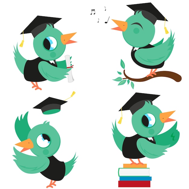 Birds with graduation hats and gowns Cute school and kindergarten students with diplomas