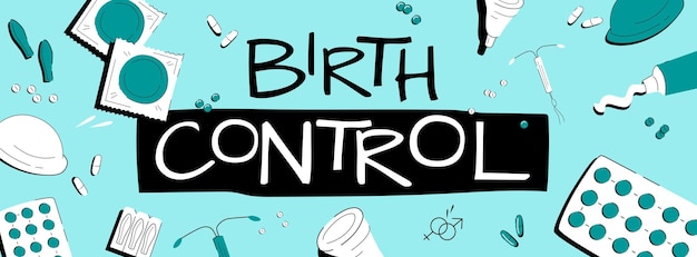 Birth control vector banner template with some devices used to prevent pregnancy