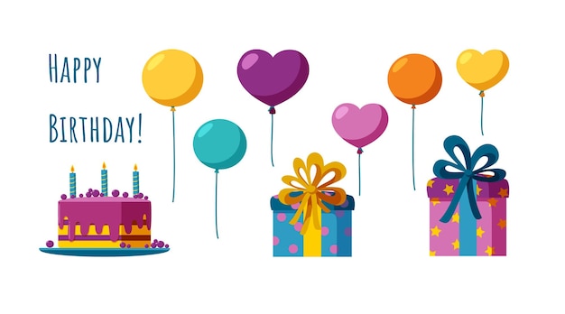 Birthday accessories in colorful set Balloons cake and presents for happy birthday