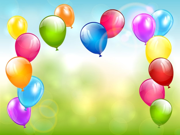 Birthday balloons flying on nature background Holiday theme with colorful balloons Illustration can be used for holiday design poster card website banners