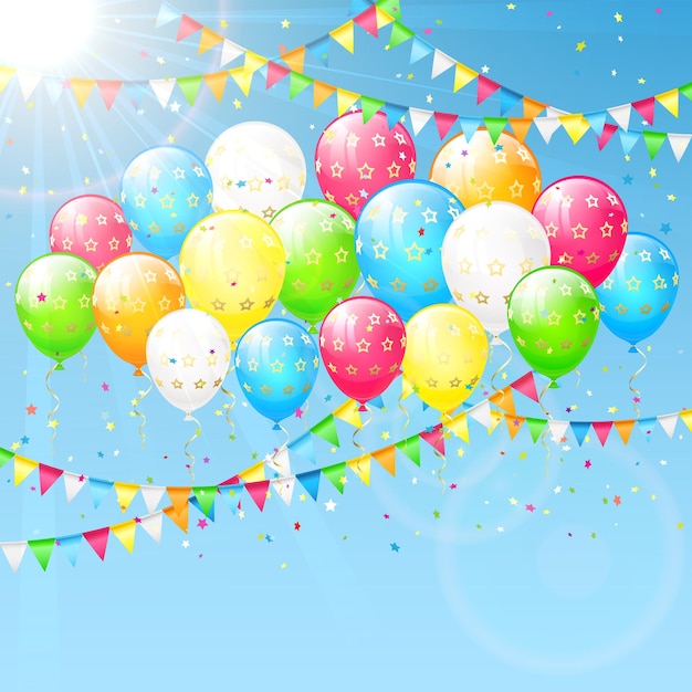 Birthday balloons with streamers colorful confetti and pennants on a sky background illustration