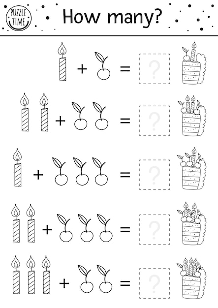 Birthday black and white counting game with cake and candles. Holiday outline number recognition activity for preschool children. Educational line celebration printable math worksheet for kids