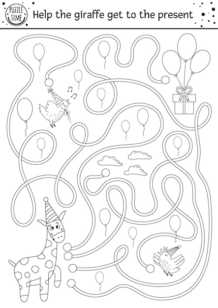 Birthday black and white maze for children. Holiday outline preschool printable educational activity. Funny line b-day party game or puzzle with cute animals. Help the giraffe get to the present