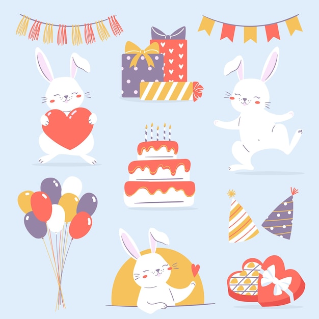 Birthday bunny clipart set Collection of illustrations with white rabbit balloons presents cake