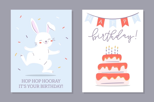 Birthday bunny set of greeting cards. Two cards with cute bunny drawing and birthday cake.