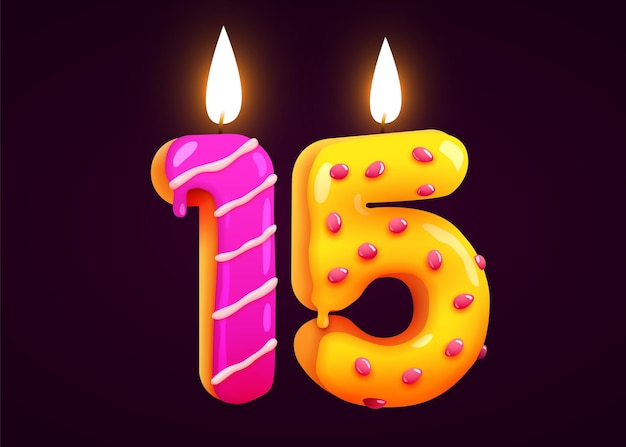 Birthday cake font number 15 with candle One year anniversary Tasty collection