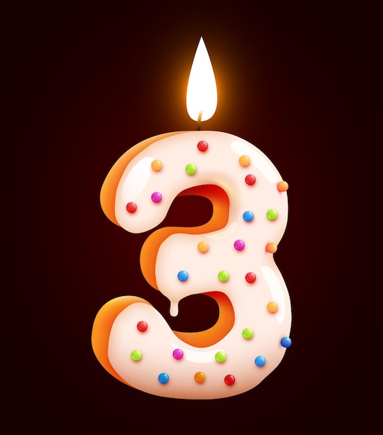 Birthday cake font number 3 with candle Three year anniversary Tasty collection