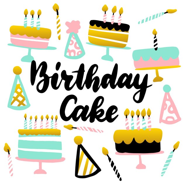 Birthday Cake Handwritten Postcard. Vector Illustration of Greeting Card Design Element.