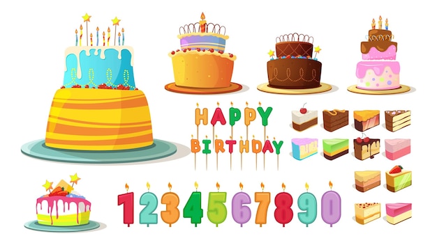 Birthday cake Happy anniversary party cakes bakery icons Cartoon cream sweets delicious baked Numbers and letters with candles vector festive bundle