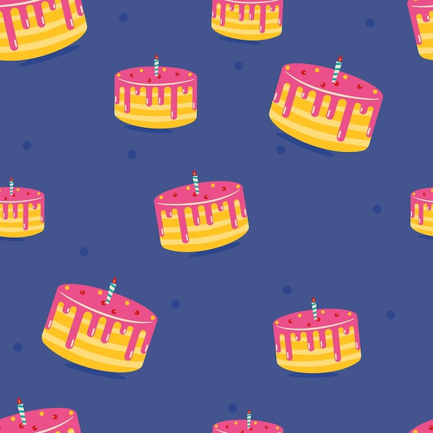 Birthday cake repeating vector pattern on blue background