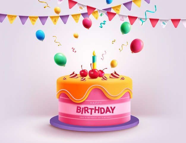 Birthday cake vector design Happy birthday text in yummy dessert cake with colorful balloons