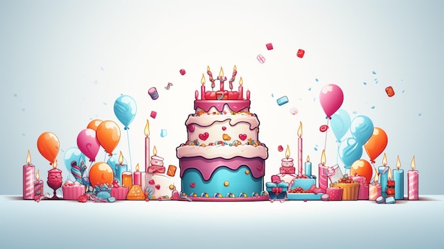 a birthday cake with balloons and a cake with the words happy birthday on the top