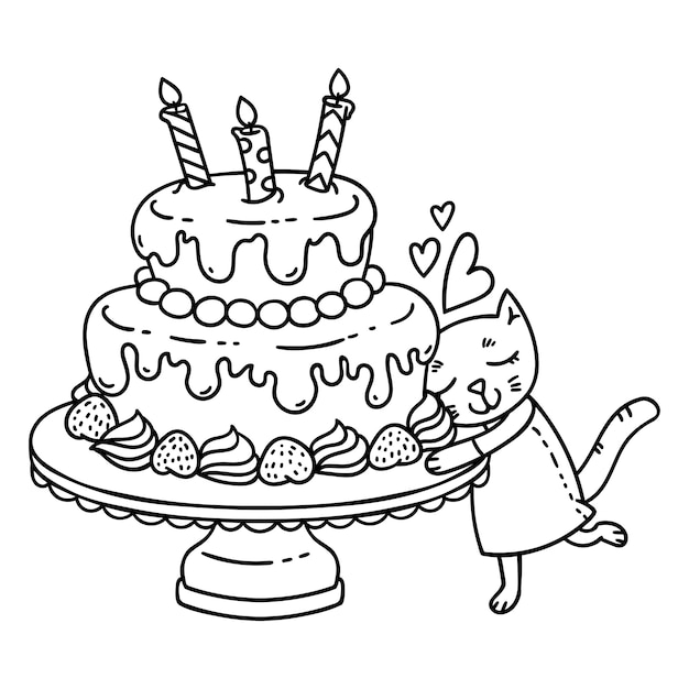 Birthday cake with candle and cute cat.