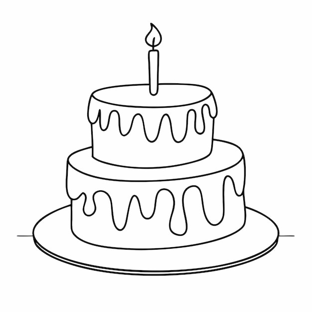 birthday cake with a candle focusing on line art vector illustration