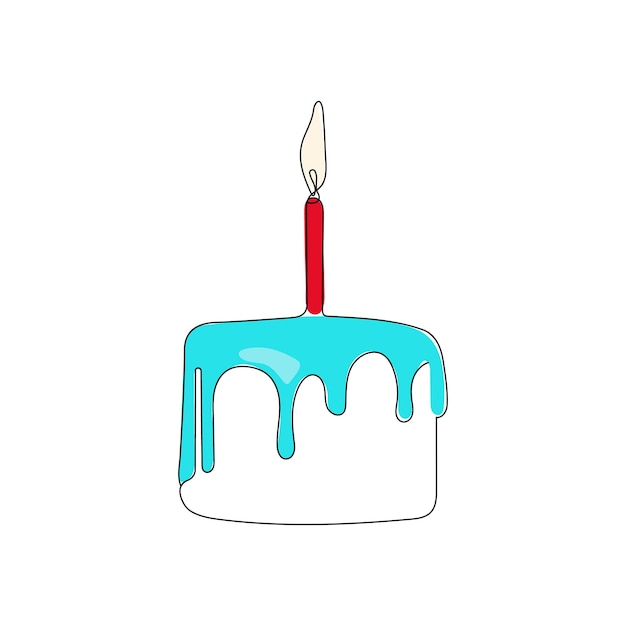 Birthday cake with candle on the top in continuous line art drawing style. Vector illustration.