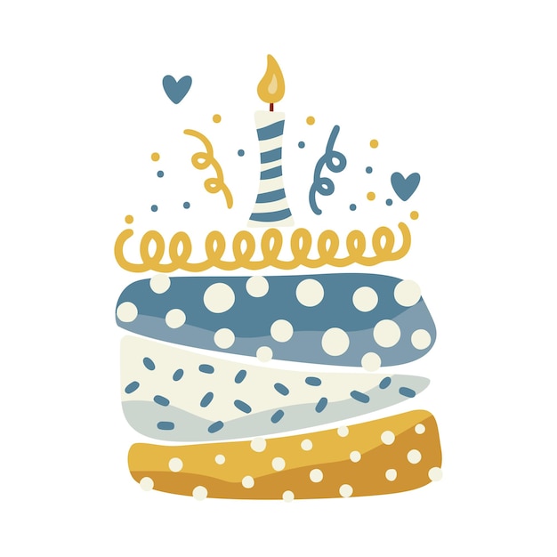 Birthday cake with a candle vector party baby kids simple flat baked dessert doodle illustration