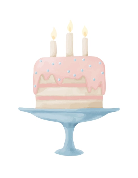 Birthday Cake with Candles Cute vector Watercolor illustration in pink and blue Pastel colors Hand drawn sketch for Wedding or party invitations