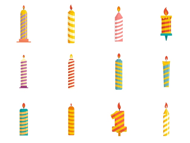 Birthday candle icons set. Flat set of birthday candle vector icons isolated on white background