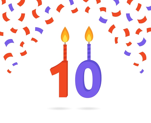 Birthday candle number 10 with colorful confetti icon isolated on white background.