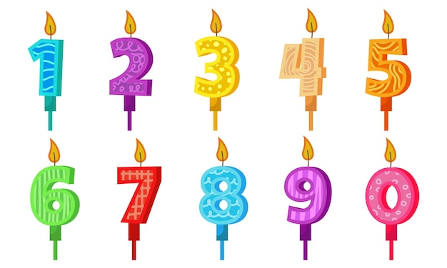 Birthday candles with numbers and fire Set colored icons for anniversary or party celebration