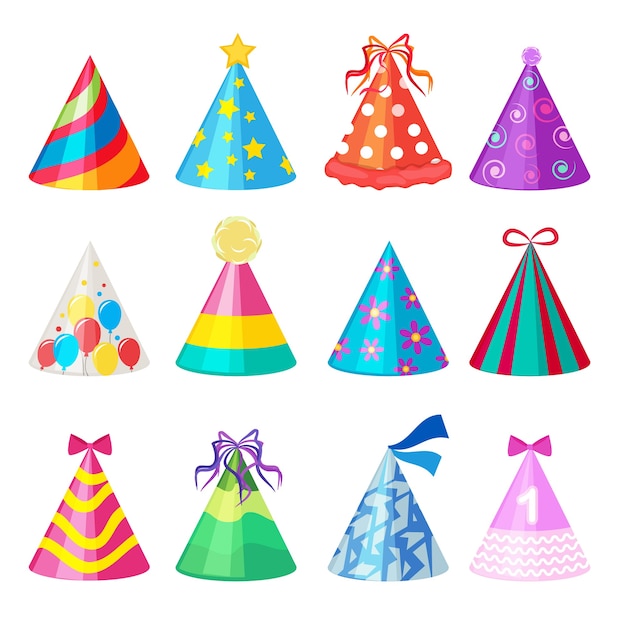 Birthday caps. Cartoon party decoration celebration element colored caps collection