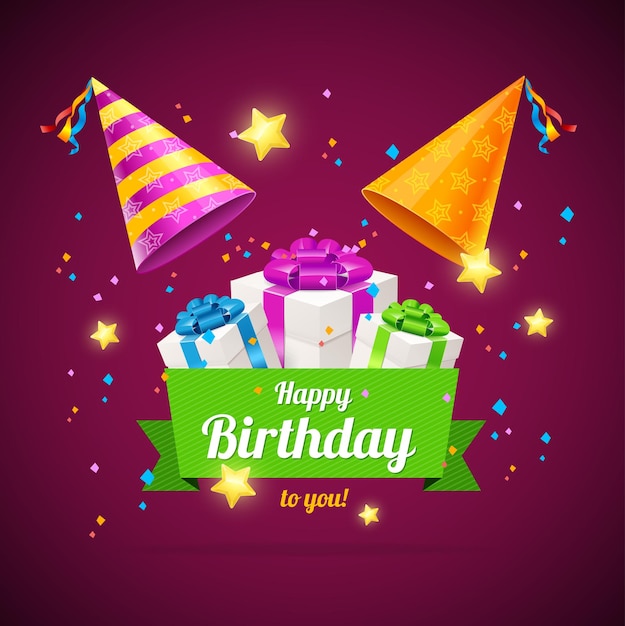 Birthday Card Flyer or Placard with Gift Boxes Vector illustration