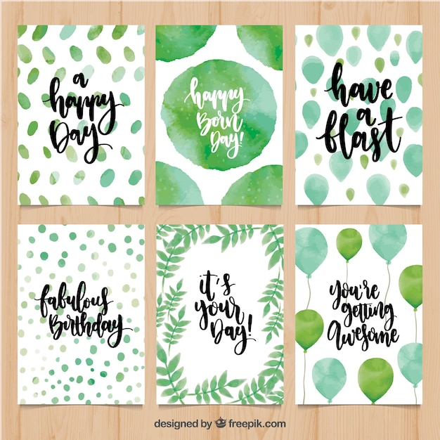 Vector birthday card pack with abstract watercolor shapes and balloons