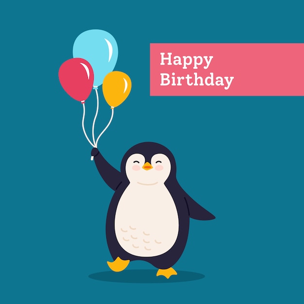 Birthday card penguin with balloon. Holidays postcard cartoon flat greeting. Funny happy abstract animal character. Cute hand drawn penguin, surprise banner for kids. Isolated illustration