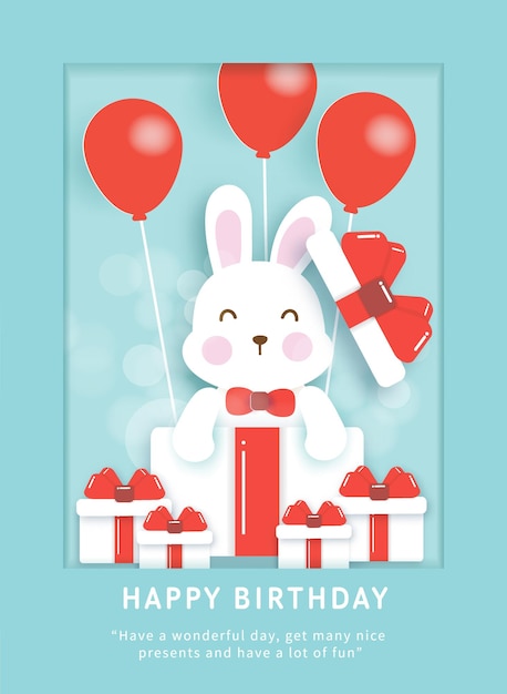 Birthday card template with cute rabbit in a gift box.