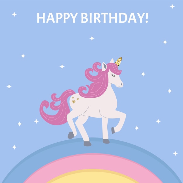 Birthday card unicorn on a rainbow