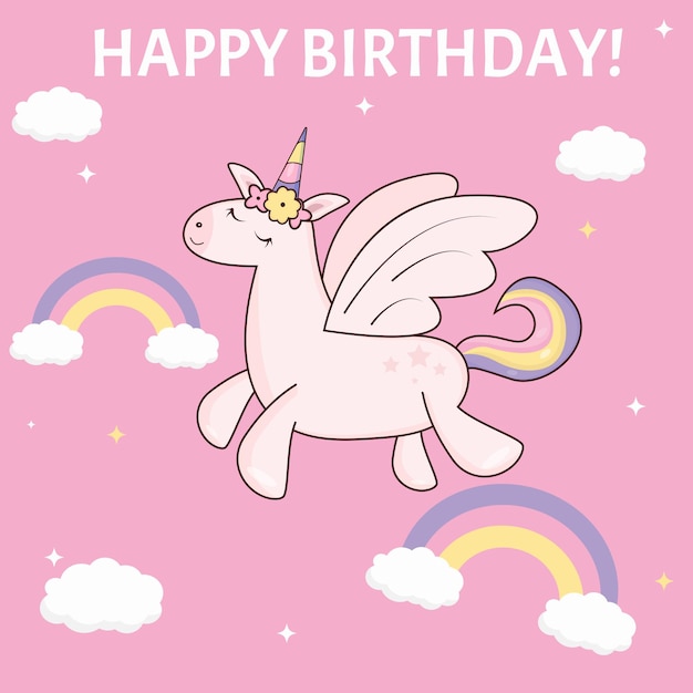 Birthday card unicorn with wings flying across the rainbow