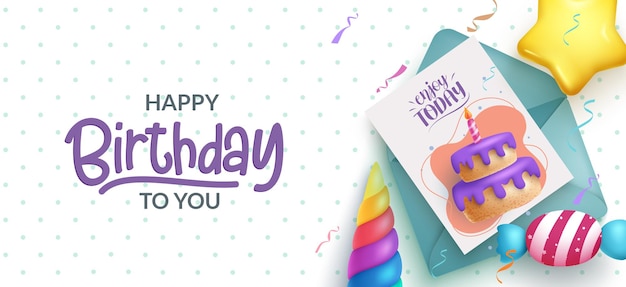 Birthday card vector background design. Happy birthday greeting text with paper invitation card.