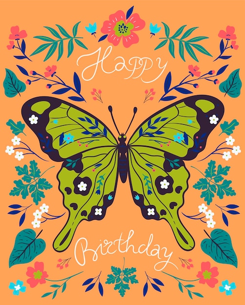 Birthday card with flowers and butterfly Vector graphics