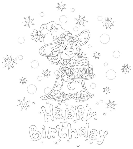 Birthday card with a funny little witch holding a fancy sweet cake decorated with burning candles