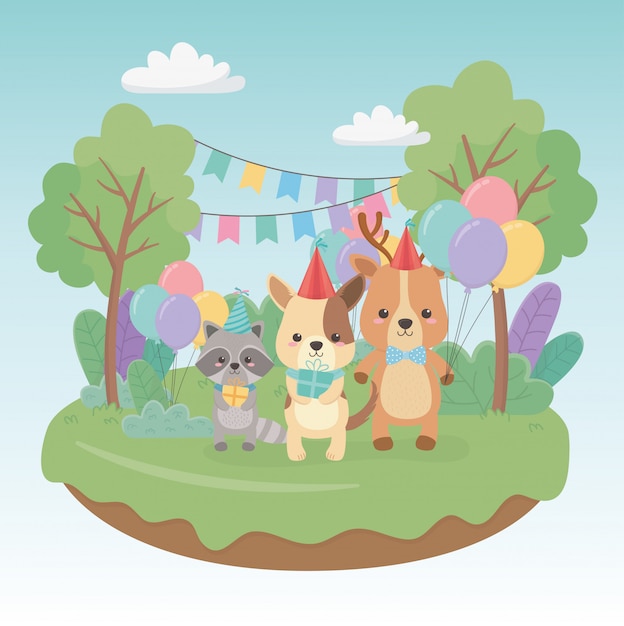 Birthday card with little animals in the field characters