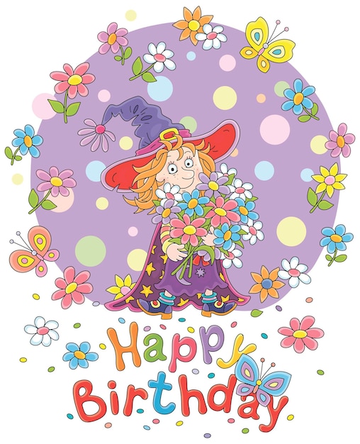 Birthday card with a little fairy holding a bouquet of colorful flowers and merrily fluttering butte