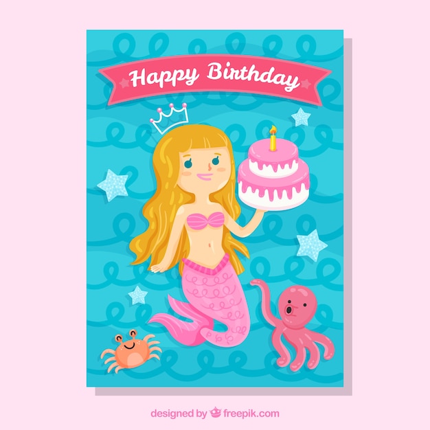 Vector birthday card with mermaid