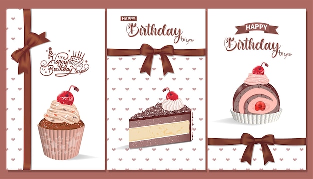 Birthday card with set of cherry chocolate desserts with bow ribbons